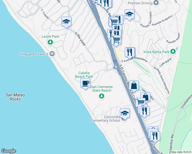 map of restaurants, bars, coffee shops, grocery stores, and more near 216 Avenida Lobeiro in San Clemente