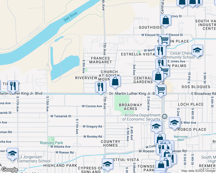 map of restaurants, bars, coffee shops, grocery stores, and more near 4301 South 7th Avenue in Phoenix