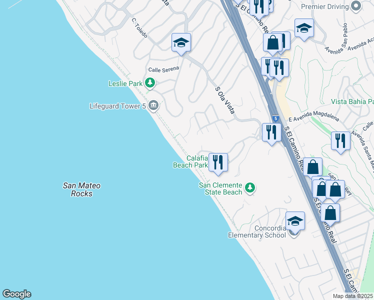 map of restaurants, bars, coffee shops, grocery stores, and more near 268 Avenida Montalvo in San Clemente