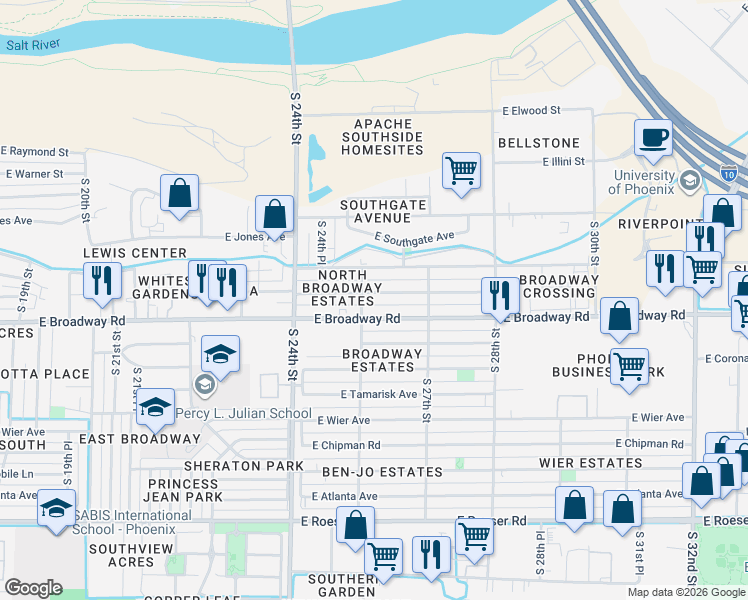 map of restaurants, bars, coffee shops, grocery stores, and more near 2526 East Pueblo Avenue in Phoenix