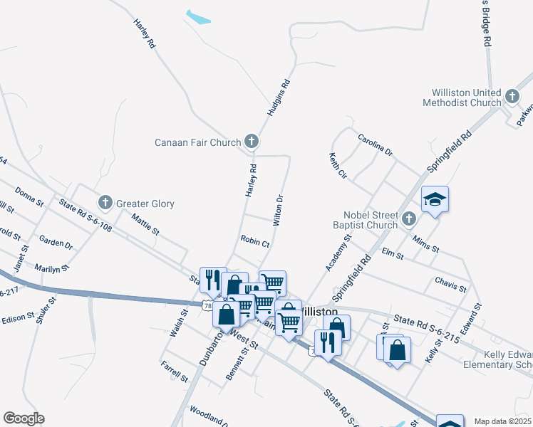 map of restaurants, bars, coffee shops, grocery stores, and more near 38 Poinsettia Court in Williston