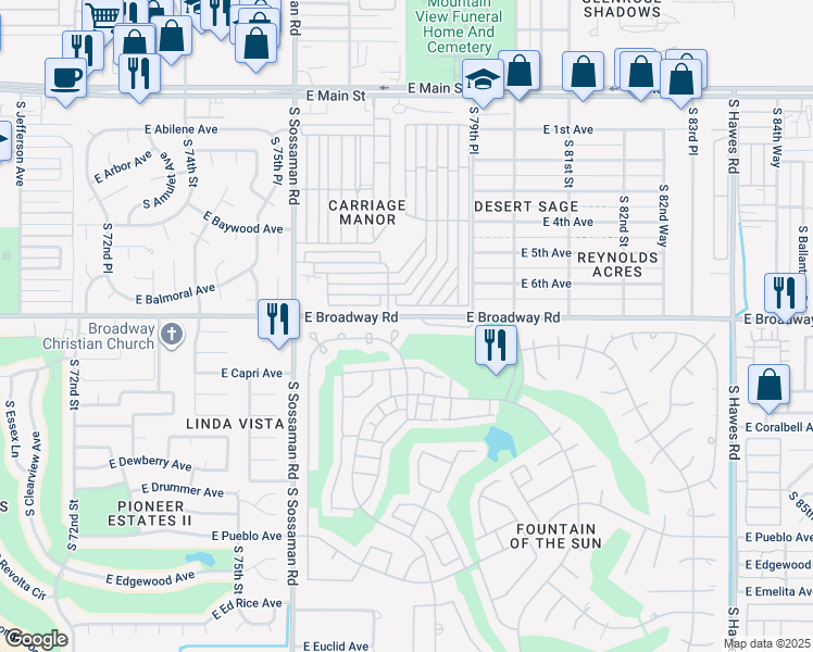 map of restaurants, bars, coffee shops, grocery stores, and more near 419 South 77th Way in Mesa