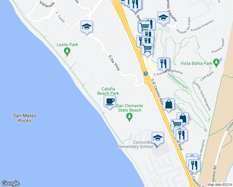 map of restaurants, bars, coffee shops, grocery stores, and more near 230 Avenida Montalvo in San Clemente