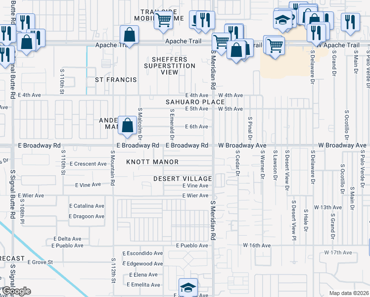 map of restaurants, bars, coffee shops, grocery stores, and more near 11432 East Broadway Road in Mesa