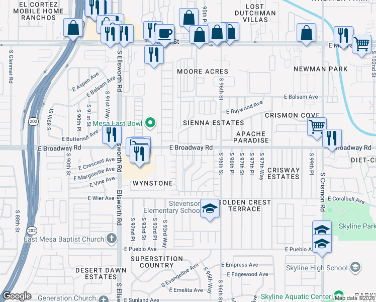 map of restaurants, bars, coffee shops, grocery stores, and more near 9422 East Broadway Road in Mesa