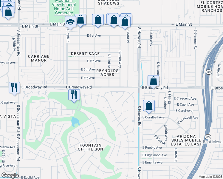 map of restaurants, bars, coffee shops, grocery stores, and more near 8212 East Broadway Road in Mesa