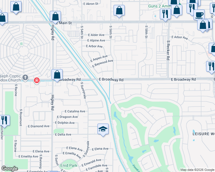 map of restaurants, bars, coffee shops, grocery stores, and more near 5535 East Broadway Road in Mesa