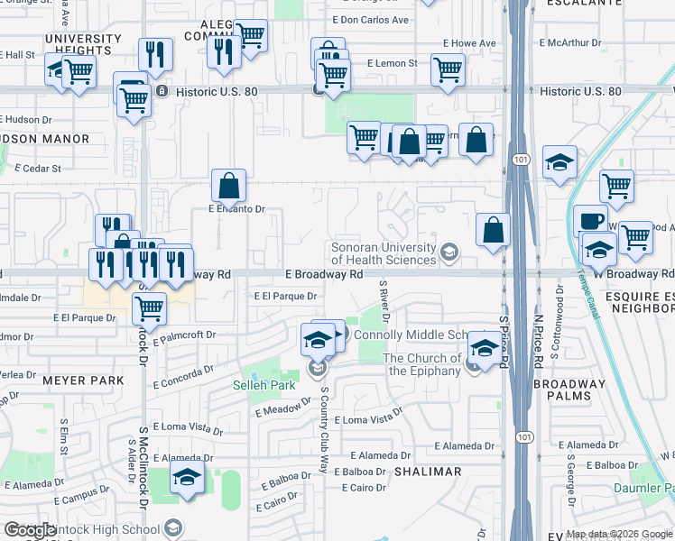 map of restaurants, bars, coffee shops, grocery stores, and more near 2020-2030 East Broadway Road in Tempe