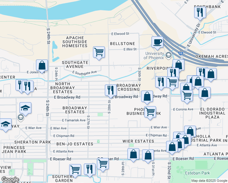 map of restaurants, bars, coffee shops, grocery stores, and more near 2825 East Pueblo Avenue in Phoenix