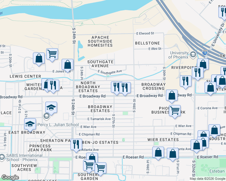 map of restaurants, bars, coffee shops, grocery stores, and more near 2640 East Pueblo Avenue in Phoenix