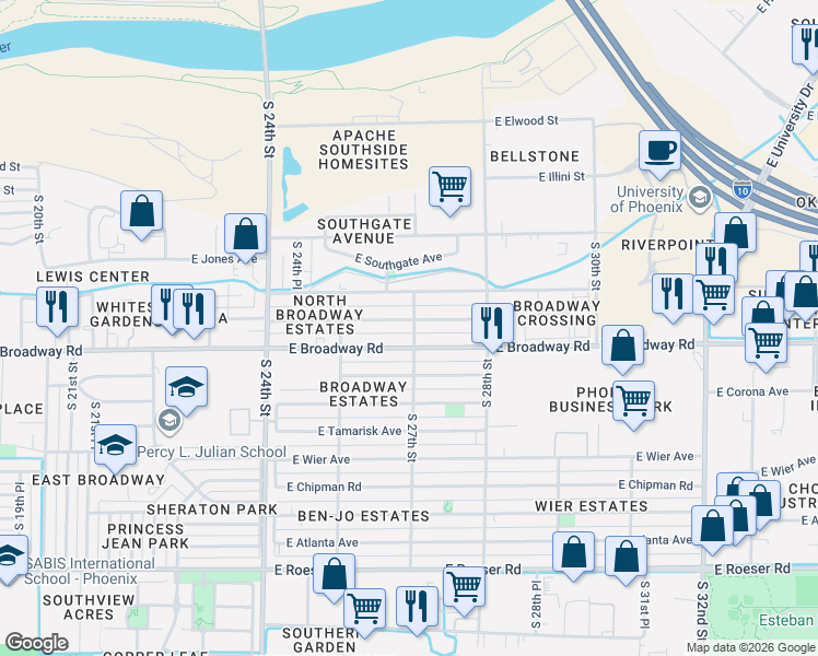 map of restaurants, bars, coffee shops, grocery stores, and more near 2640 East Pueblo Avenue in Phoenix