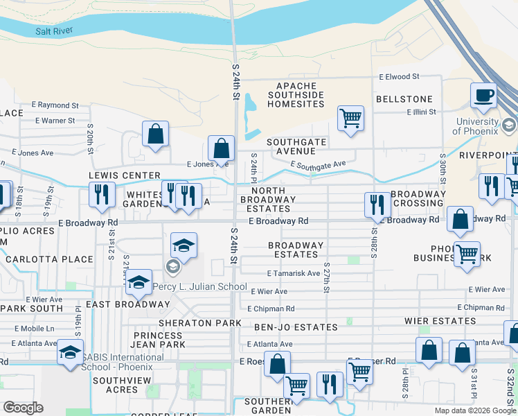 map of restaurants, bars, coffee shops, grocery stores, and more near 2420 East Pueblo Avenue in Phoenix