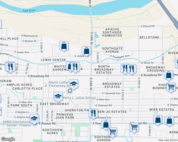 map of restaurants, bars, coffee shops, grocery stores, and more near 2334 East Pueblo Avenue in Phoenix