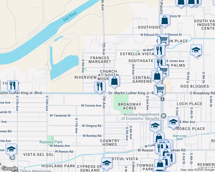 map of restaurants, bars, coffee shops, grocery stores, and more near 4301 South 7th Avenue in Phoenix