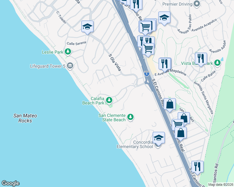 map of restaurants, bars, coffee shops, grocery stores, and more near 216 Avenida Montalvo in San Clemente
