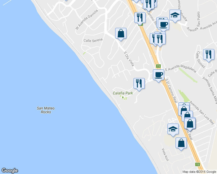 map of restaurants, bars, coffee shops, grocery stores, and more near 2407 Plaza a La Playa in San Clemente
