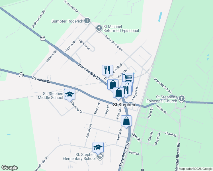map of restaurants, bars, coffee shops, grocery stores, and more near 106 M.L King Junior Boulevard in Saint Stephen