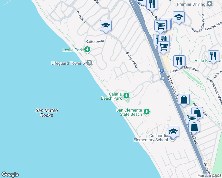 map of restaurants, bars, coffee shops, grocery stores, and more near 268 Avenida Montalvo in San Clemente