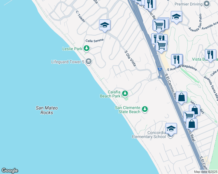 map of restaurants, bars, coffee shops, grocery stores, and more near 268 Avenida Montalvo in San Clemente
