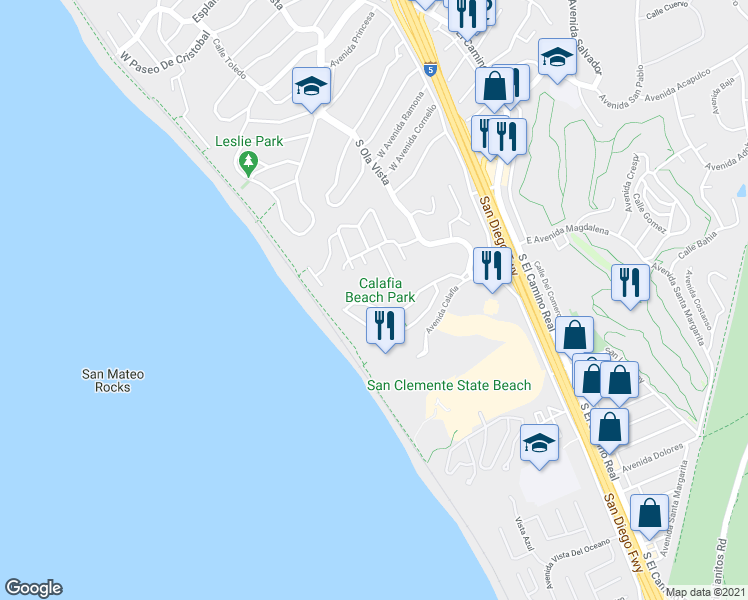 map of restaurants, bars, coffee shops, grocery stores, and more near 250 Avenida Montalvo in San Clemente