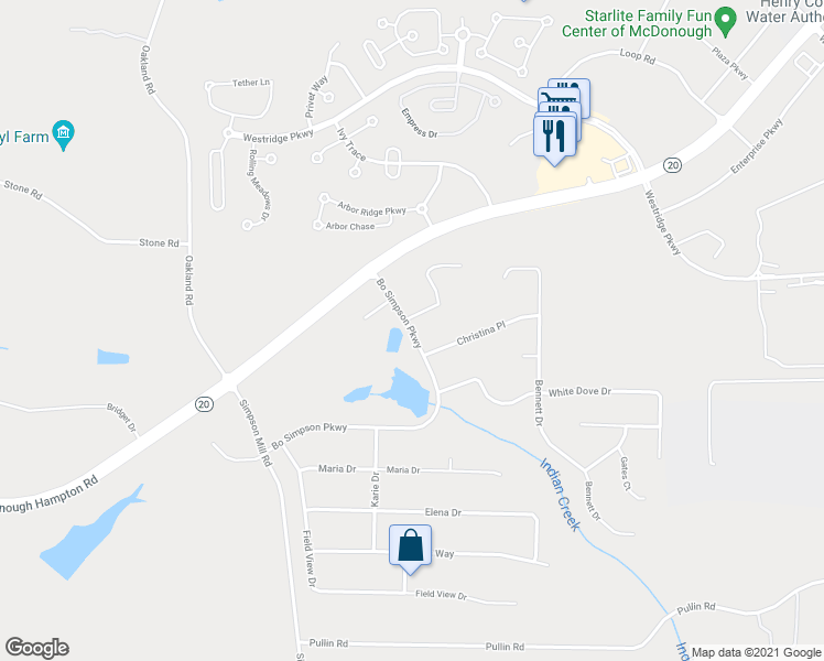 map of restaurants, bars, coffee shops, grocery stores, and more near 120 Bo Simpson Parkway in McDonough