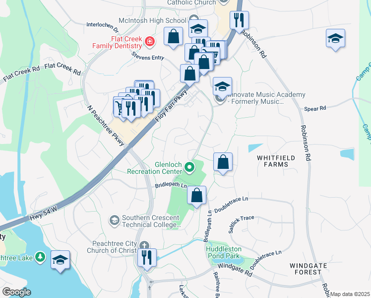 map of restaurants, bars, coffee shops, grocery stores, and more near 111 Hamilton Drive in Peachtree City