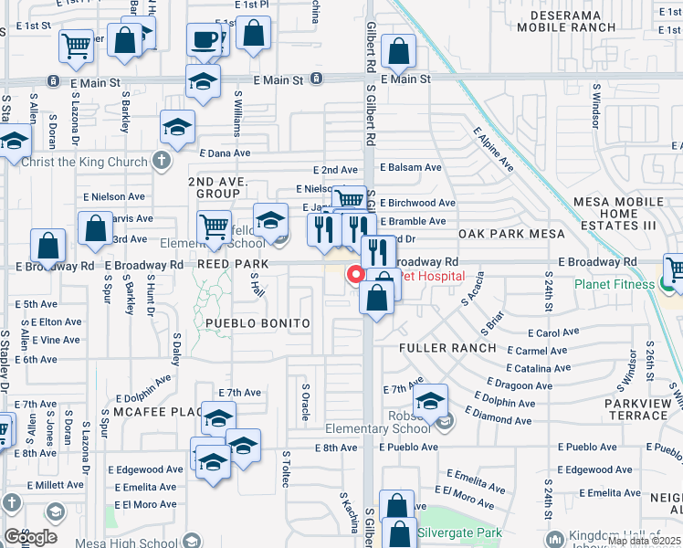map of restaurants, bars, coffee shops, grocery stores, and more near 1915 East Broadway Road in Mesa