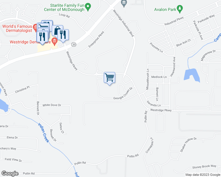 map of restaurants, bars, coffee shops, grocery stores, and more near 300 Georgia Crown Drive in McDonough