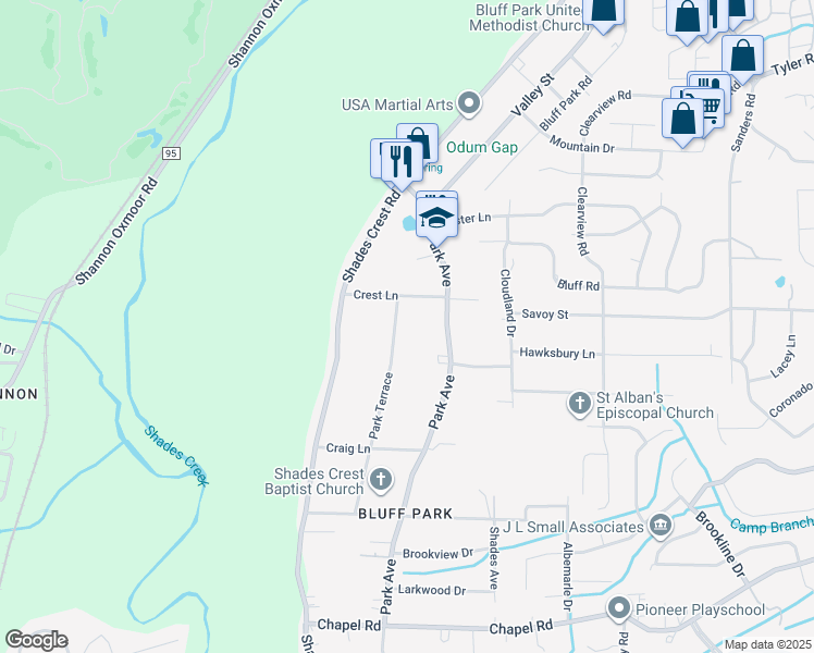 map of restaurants, bars, coffee shops, grocery stores, and more near 559 Park Terrace in Birmingham
