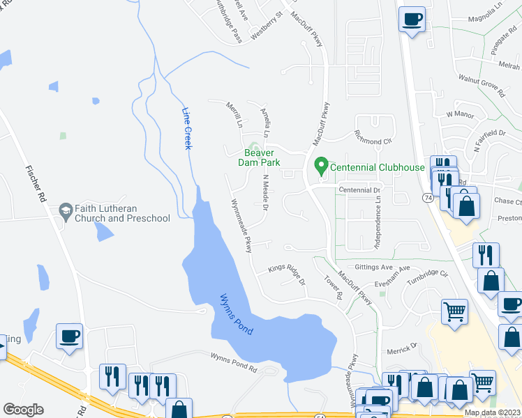 map of restaurants, bars, coffee shops, grocery stores, and more near 101 Alice Court in Peachtree City