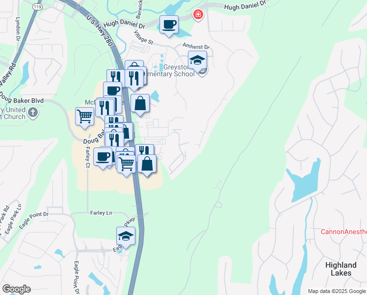map of restaurants, bars, coffee shops, grocery stores, and more near 437 Stonecrest Drive in Birmingham