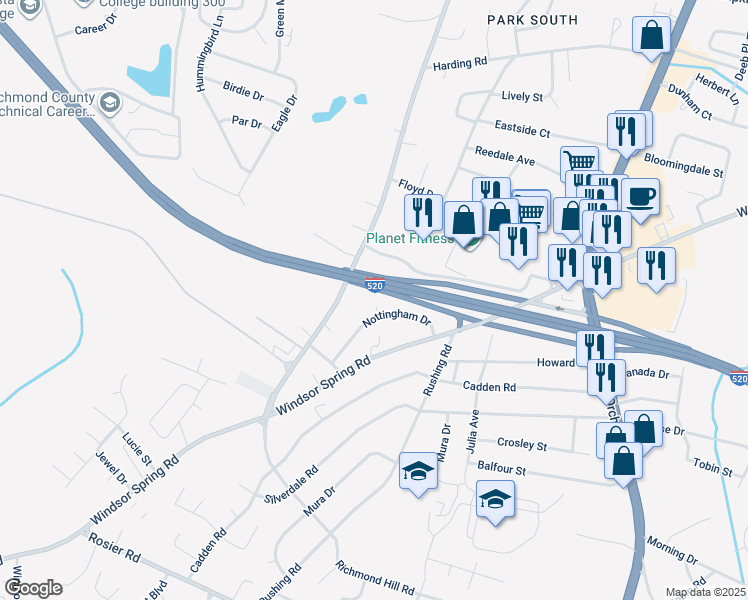map of restaurants, bars, coffee shops, grocery stores, and more near 3200 Leeds Court in Augusta