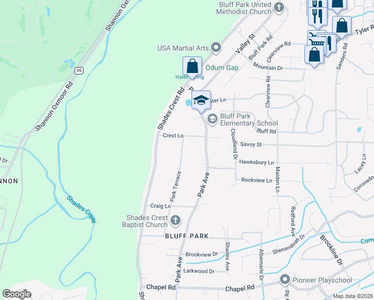 map of restaurants, bars, coffee shops, grocery stores, and more near 559 Park Terrace in Birmingham