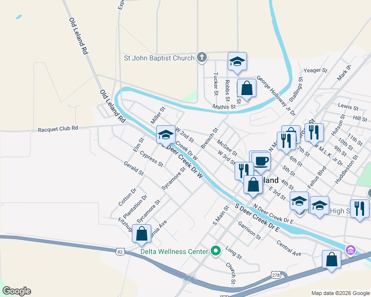 map of restaurants, bars, coffee shops, grocery stores, and more near North Deer Creek Drive West in Leland