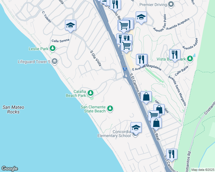 map of restaurants, bars, coffee shops, grocery stores, and more near in San Clemente