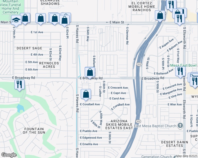map of restaurants, bars, coffee shops, grocery stores, and more near 8520 East Broadway Road in Mesa