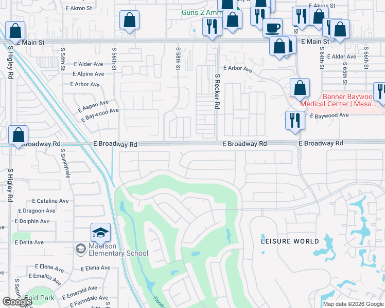 map of restaurants, bars, coffee shops, grocery stores, and more near 1847 Leisure World in Mesa