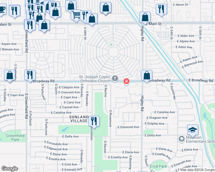 map of restaurants, bars, coffee shops, grocery stores, and more near 4932 East Calypso Avenue in Mesa