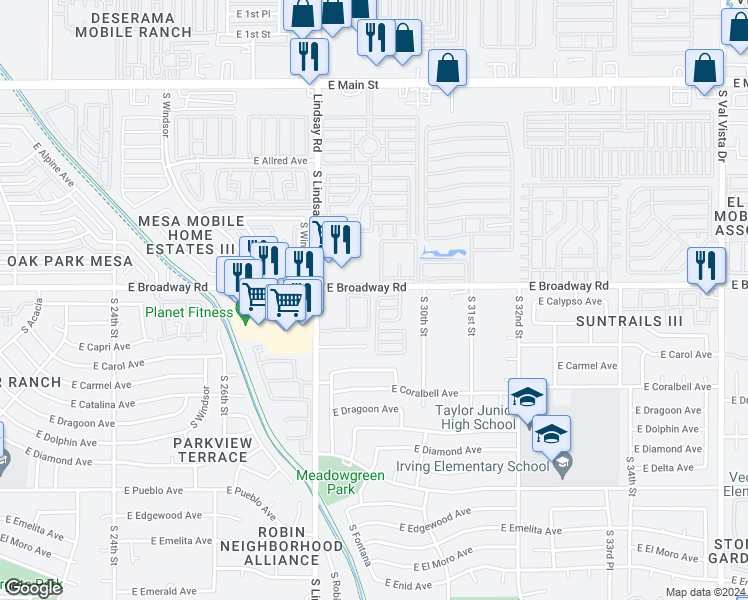 map of restaurants, bars, coffee shops, grocery stores, and more near 2885 East Broadway Road in Mesa