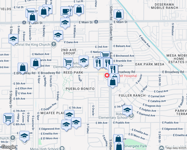map of restaurants, bars, coffee shops, grocery stores, and more near 1859 East Broadway Road in Mesa