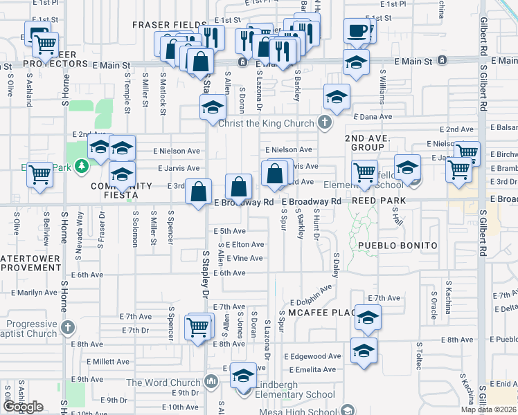 map of restaurants, bars, coffee shops, grocery stores, and more near 1320 East Broadway Road in Mesa