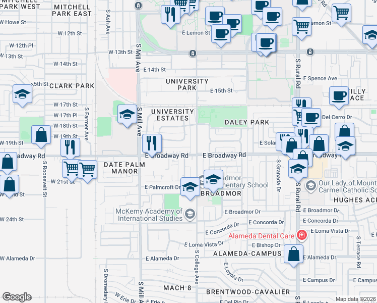 map of restaurants, bars, coffee shops, grocery stores, and more near 156 East Broadway Road in Tempe
