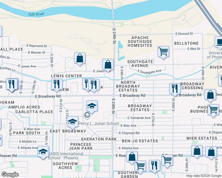 map of restaurants, bars, coffee shops, grocery stores, and more near 2334 East Pueblo Avenue in Phoenix