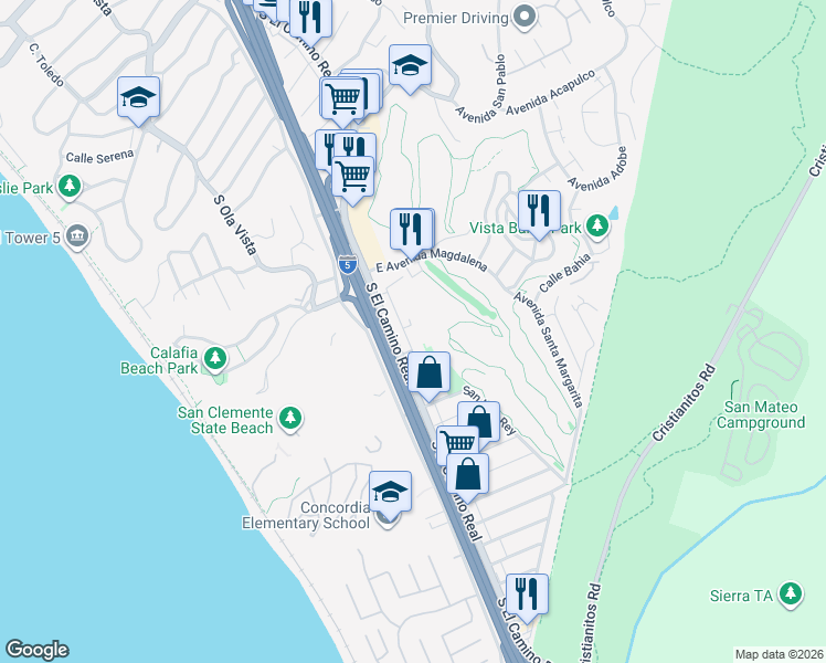 map of restaurants, bars, coffee shops, grocery stores, and more near 2617 Calle Del Comercio in San Clemente
