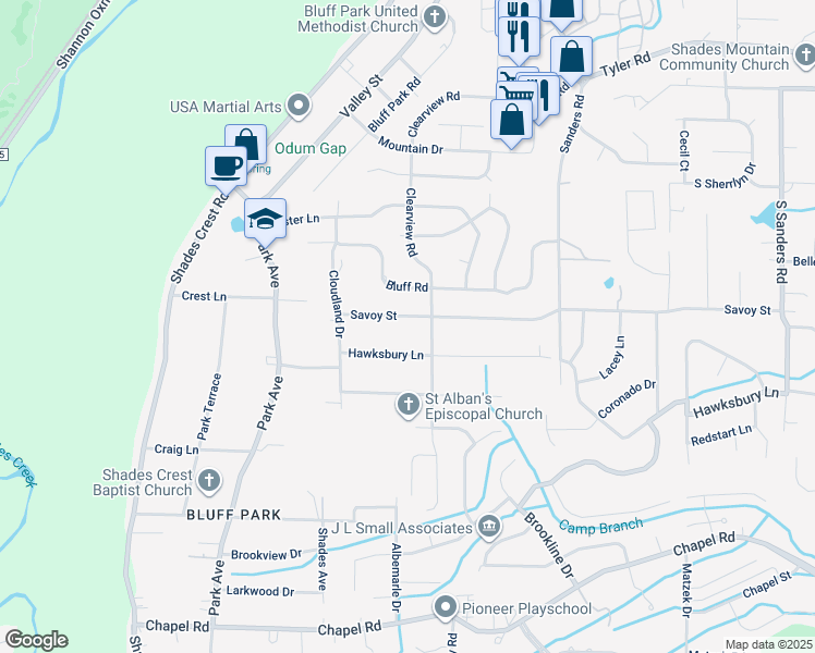 map of restaurants, bars, coffee shops, grocery stores, and more near 2228 Savoy Street in Birmingham