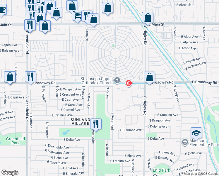 map of restaurants, bars, coffee shops, grocery stores, and more near 4932 East Calypso Avenue in Mesa