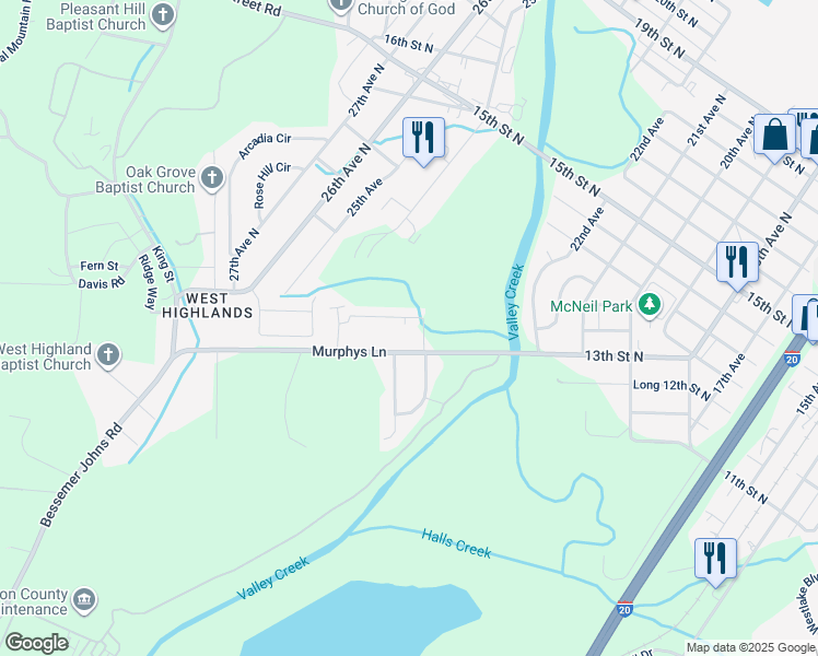 map of restaurants, bars, coffee shops, grocery stores, and more near 445 Willow Lane in Bessemer