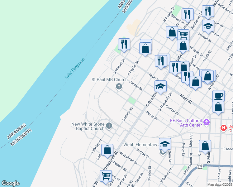 map of restaurants, bars, coffee shops, grocery stores, and more near South Poplar Street in Greenville
