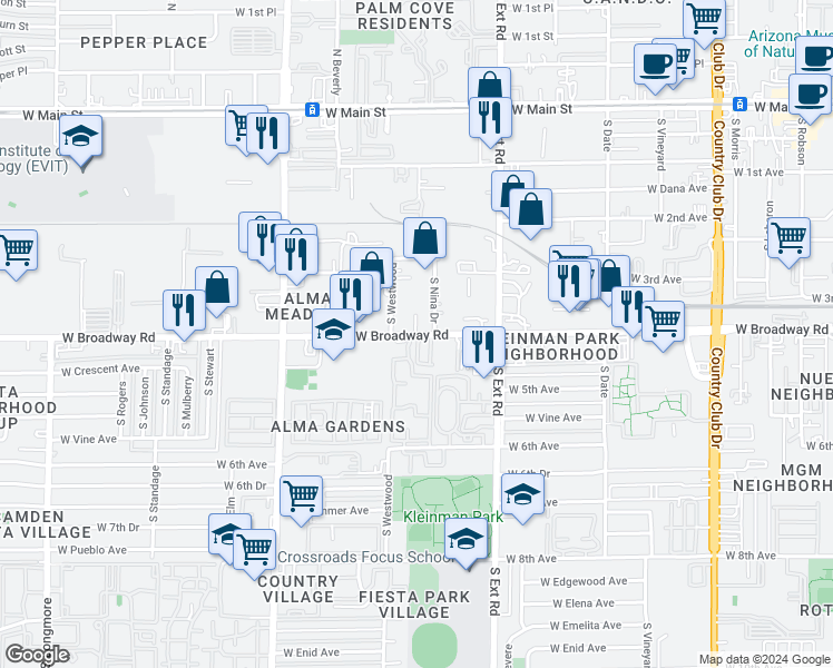map of restaurants, bars, coffee shops, grocery stores, and more near 936 West Broadway Road in Mesa