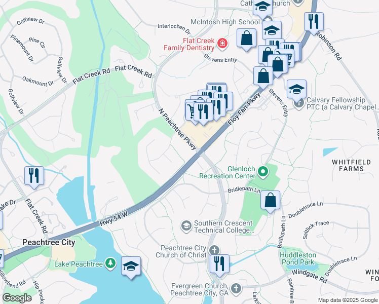 map of restaurants, bars, coffee shops, grocery stores, and more near 101 North Peachtree Parkway in Peachtree City